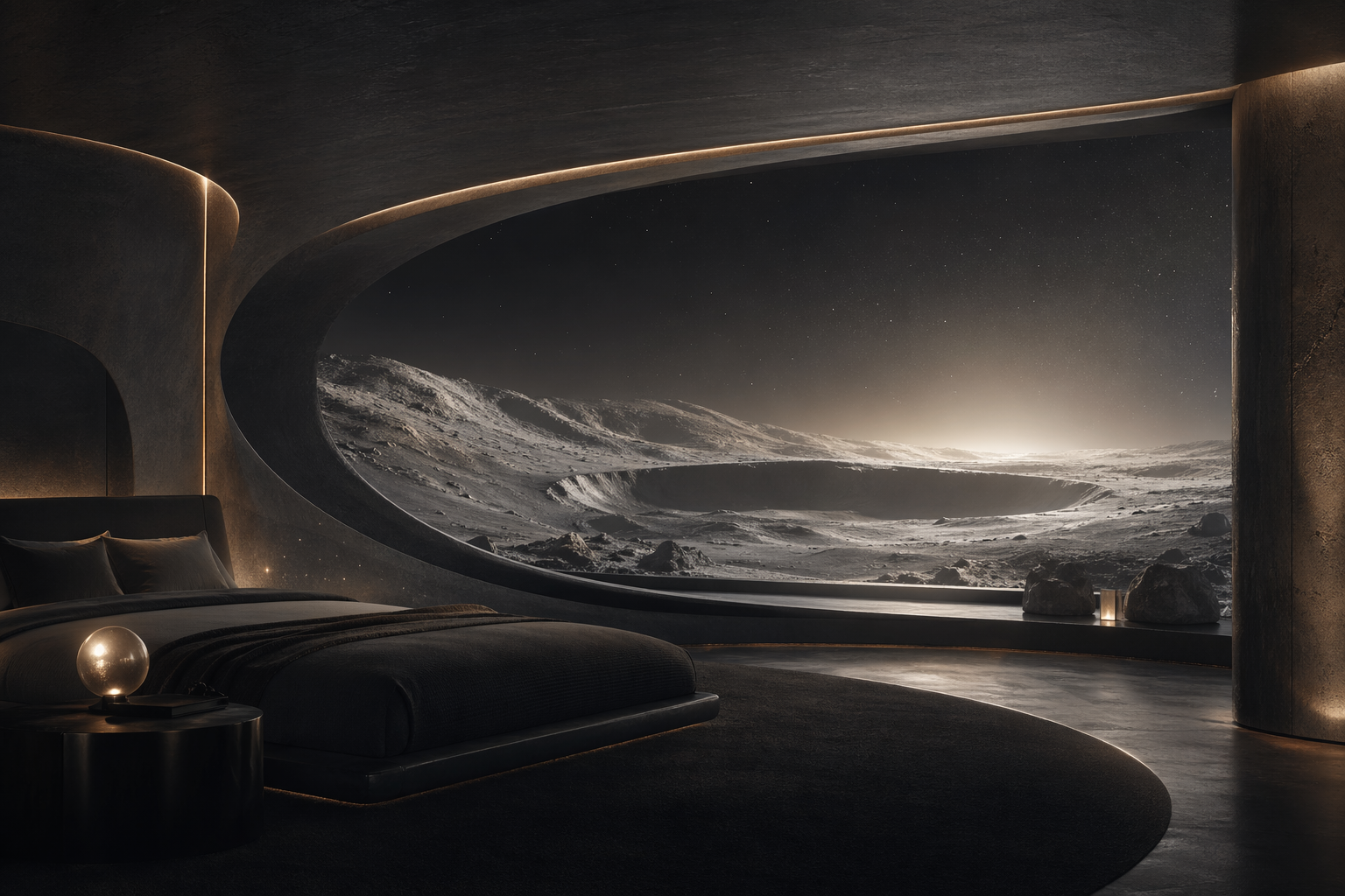 An abstract luxury lunar suite overlooking a crater through silver haze
