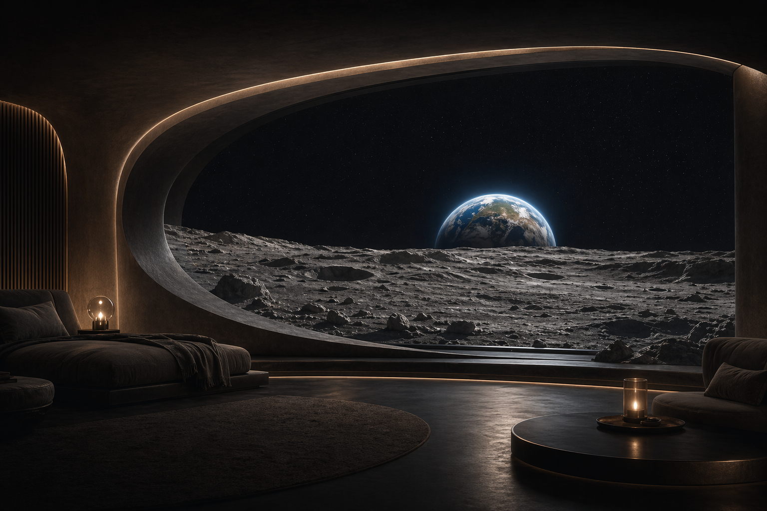 Earth beginning to rise over the lunar surface from a private suite