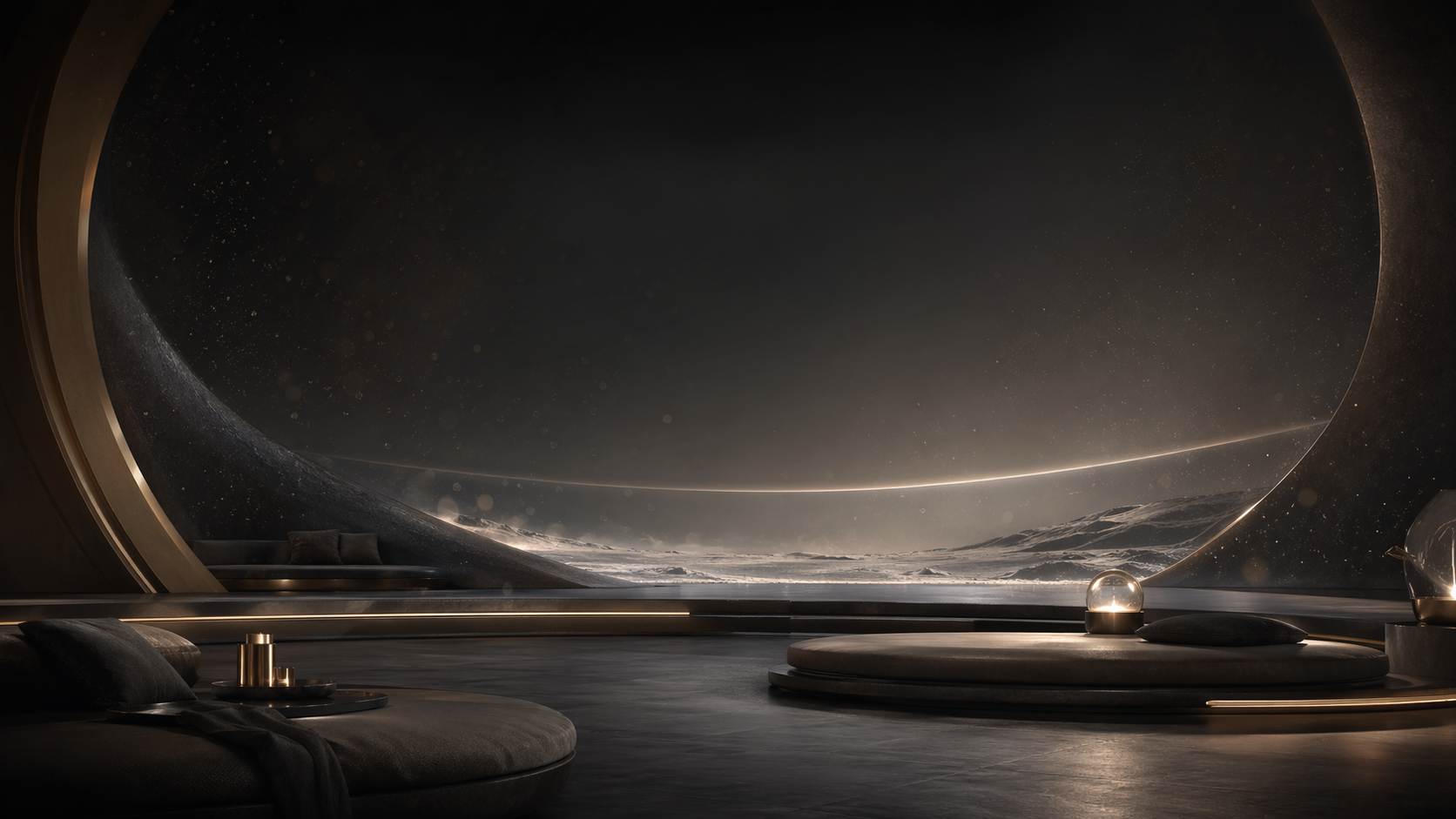 An abstract dark low-gravity lounge with silver haze and champagne light
