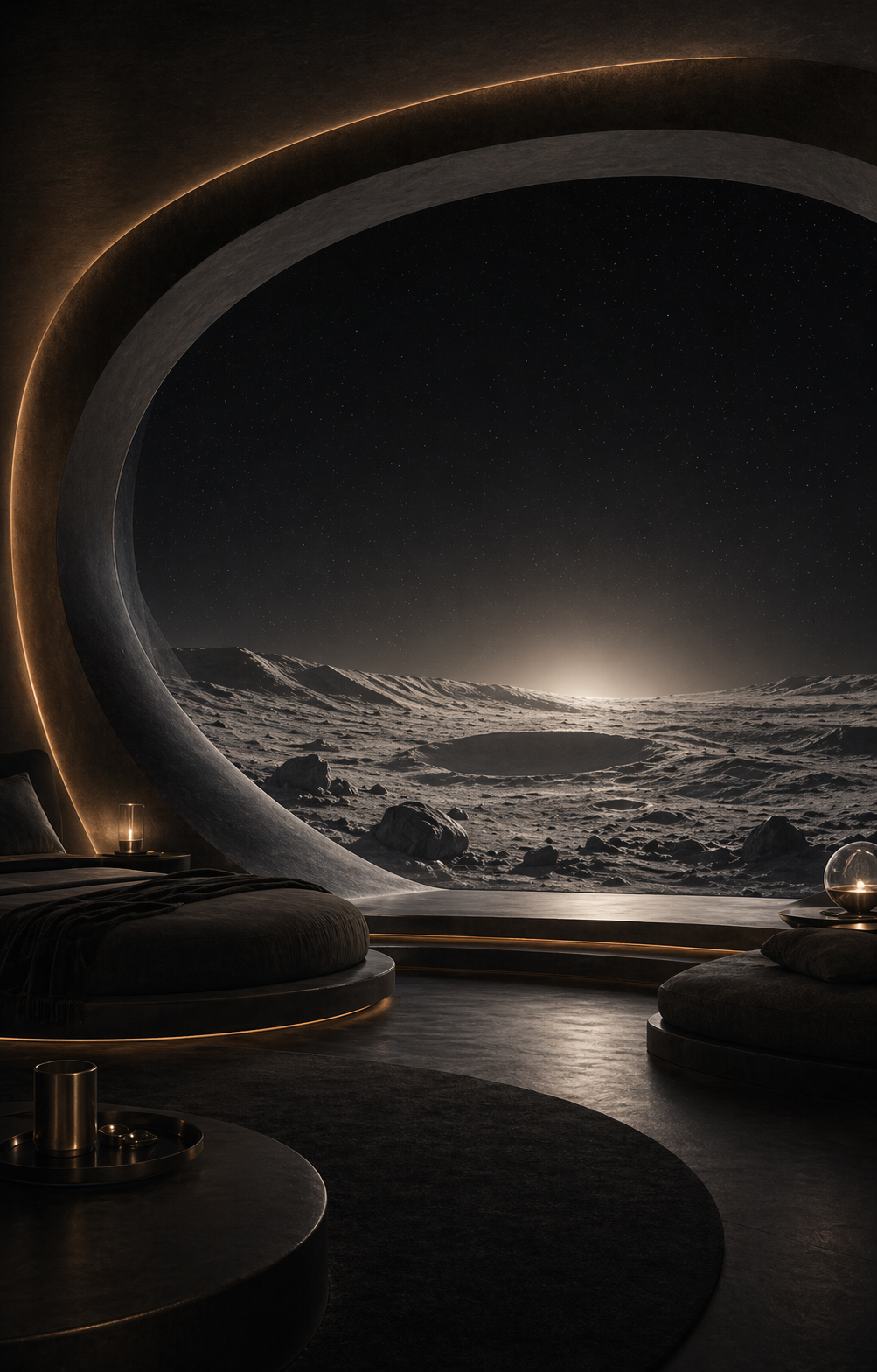 A dark private lunar sanctuary with curved architecture and crater views